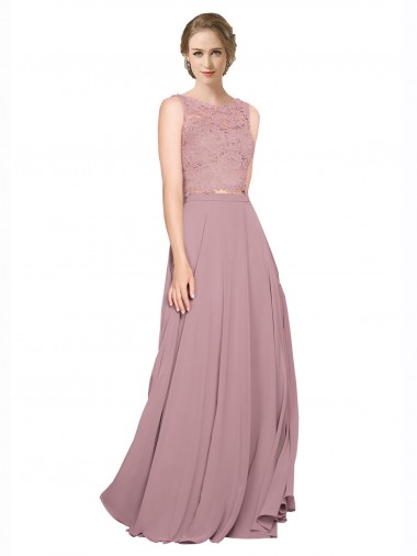 A-Linien Illusion Ausschnitt Chiffon Spitze Lange Brautjungfernkleider / Abiballkleider Online