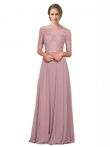 A-Linien Off-Schulter Chiffon Spitze Lange Brautjungfernkleider / Abiballkleider Online