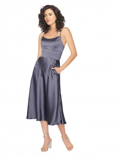 A-Linien Scoop Midi Seidiger Satin Kurze Brautjungfernkleider / Abiballkleider / Cocktailkleider / Heimkehr Kleider Online