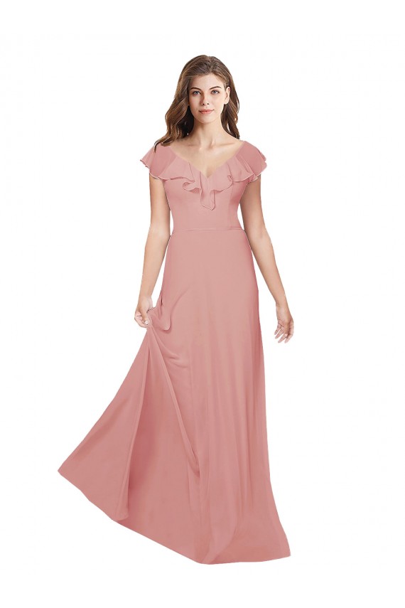 A-Linien V-Ausschnitt Chiffon Lange Brautjungfernkleider Online