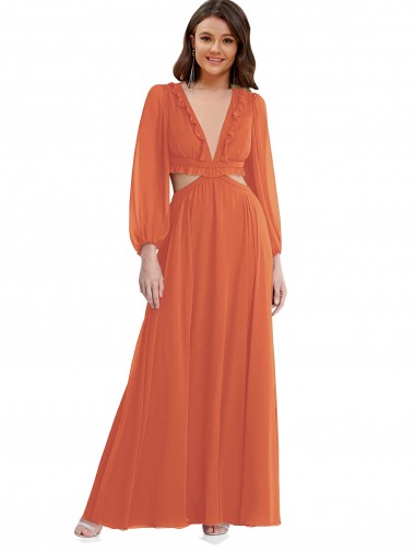 A-Linien V-Ausschnitt Chiffon Lange Brautjungfernkleider Online
