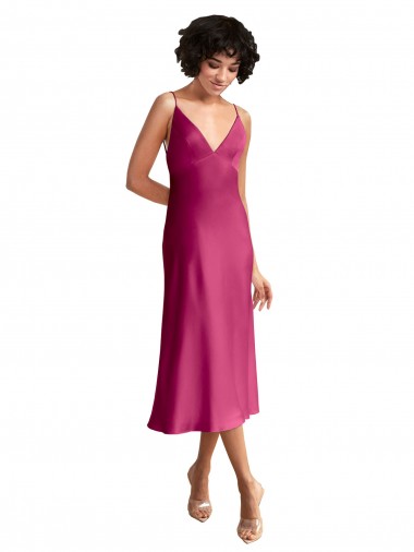 A-Linien V-Ausschnitt Midi Stretch-Satin Kurze Formale Brautjungfernkleider / Abendkleider / Abiballkleider / Cocktailkleider / Heimkehr Kleider Online