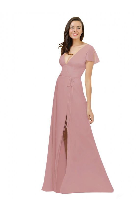 Altrosa A-Linien V-Ausschnitt Chiffon Lange Brautjungfernkleider Online