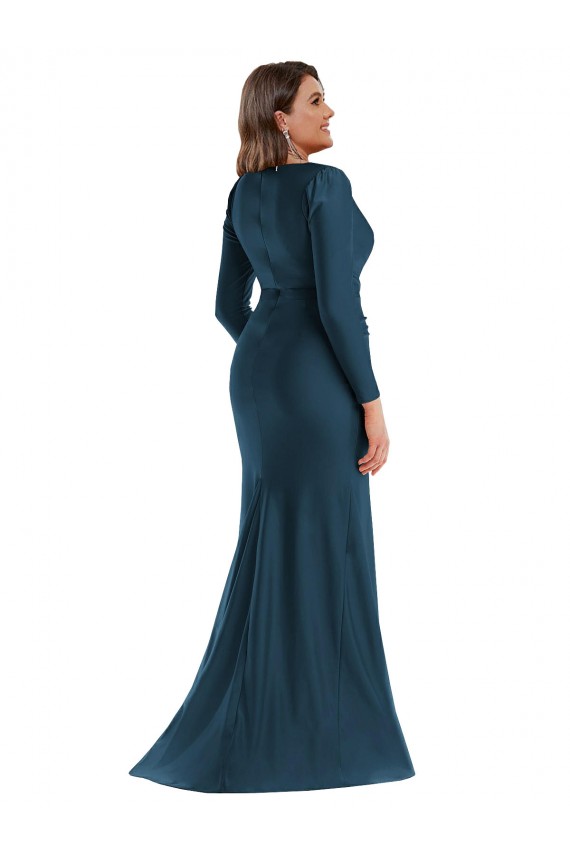 Atlantikblau Meerjungfrau V-Ausschnitt Seidiger Satin Lange Formale Brautjungfernkleider / Abendkleider / Abiballkleider Online