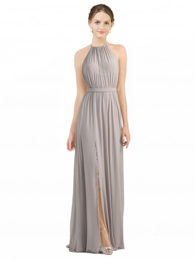 Austernsilber A-Linien Neckholder Chiffon Lange Brautjungfernkleider Online