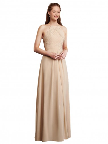 Champagner A-Linien Neckholder Chiffon Lange Brautjungfernkleider Online