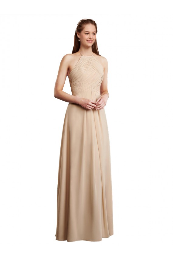 Champagner A-Linien Neckholder Chiffon Lange Brautjungfernkleider Online