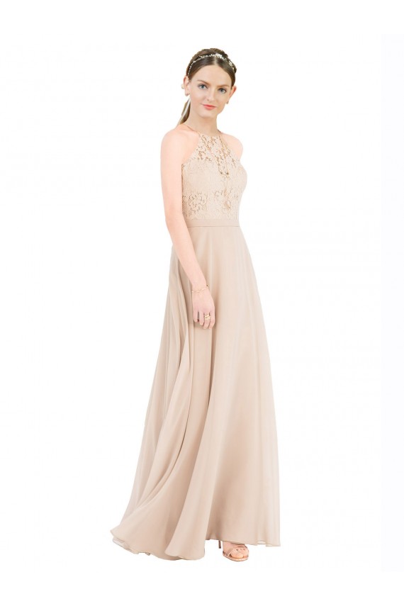 Champagner A-Linien Neckholder Stehkragen Ausschnitt Chiffon Spitze Lange Brautjungfernkleider / Abiballkleider Online