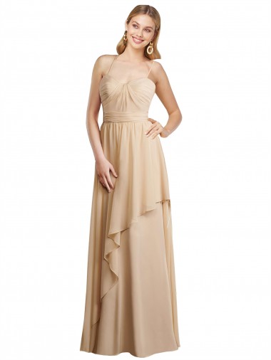 Champagner A-Linien Spaghetti-Träger Chiffon Lange Brautjungfernkleider Online