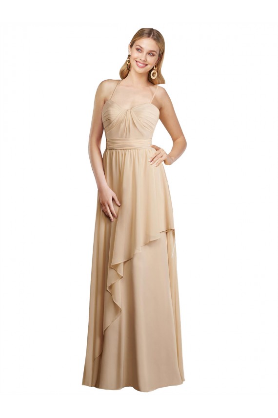 Champagner A-Linien Spaghetti-Träger Chiffon Lange Brautjungfernkleider Online