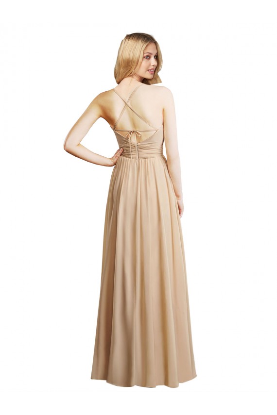 Champagner A-Linien Spaghetti-Träger Chiffon Lange Brautjungfernkleider Online