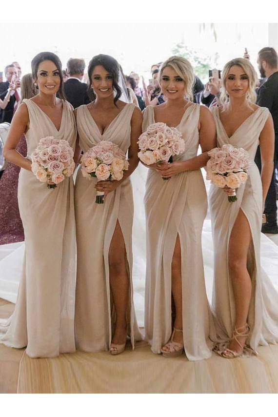 Champagner A-Linien V-Ausschnitt Chiffon Lange Brautjungfernkleider Online