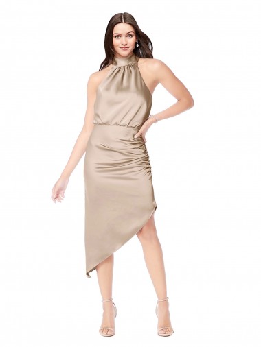 Champagner Rosa A-Linien Neckholder Midi Seidiger Satin Kurze Brautjungfernkleider / Abiballkleider / Cocktailkleider / Heimkehr Kleider Online