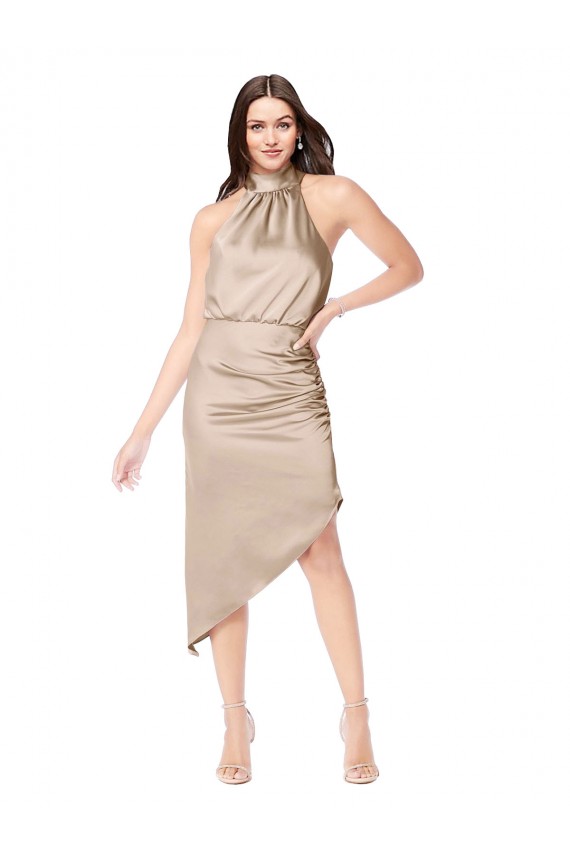 Champagner Rosa A-Linien Neckholder Midi Seidiger Satin Kurze Brautjungfernkleider / Abiballkleider / Cocktailkleider / Heimkehr Kleider Online