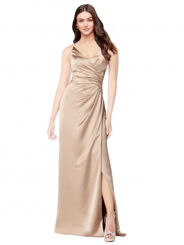 Champagner Rosa A-Linien Spaghetti-Träger V-Ausschnitt Seidiger Satin Lange Formale Brautjungfernkleider / Abendkleider / Abiballkleider Online