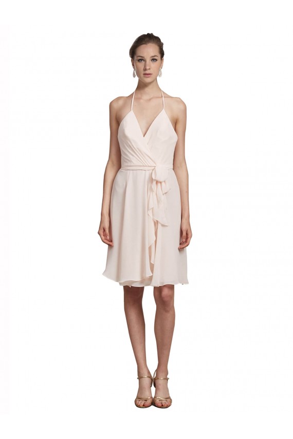 Creme Rosa A-Linien Neckholder V-Ausschnitt Knielang Chiffon Kurze Brautjungfernkleider / Cocktailkleider / Heimkehr Kleider Online