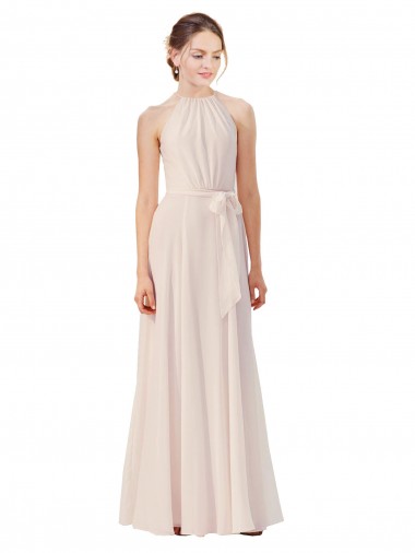 Creme Rosa A-Linien Stehkragen Ausschnitt Chiffon Lange Brautjungfernkleider Online