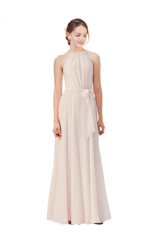 Creme Rosa A-Linien Stehkragen Ausschnitt Chiffon Lange Brautjungfernkleider Online
