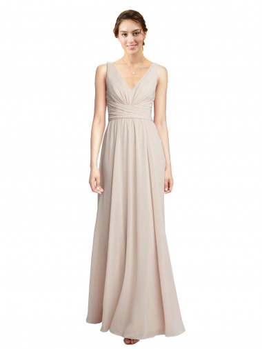 Creme Rosa A-Linien V-Ausschnitt Chiffon Lange Brautjungfernkleider Online