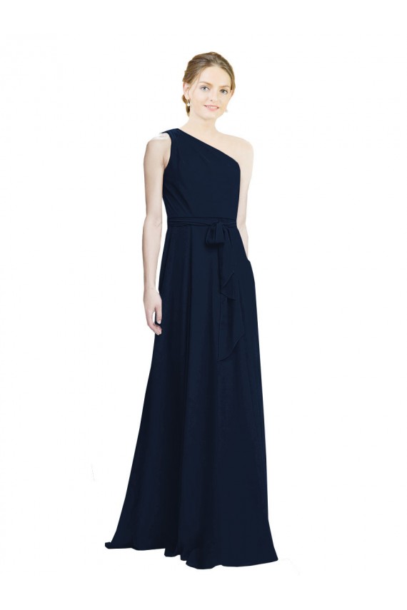Dunkelmarine A-Linien Eine-Schulter Chiffon Lange Brautjungfernkleider Online