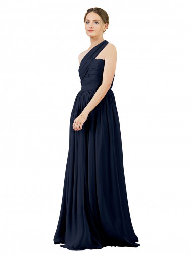 Dunkelmarine A-Linien Eine-Schulter Chiffon Lange Brautjungfernkleider Online