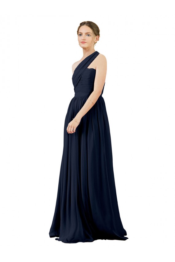 Dunkelmarine A-Linien Eine-Schulter Chiffon Lange Brautjungfernkleider Online