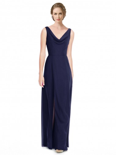 Dunkelmarine A-Linien Haube Ausschnitt Chiffon Lange Brautjungfernkleider Online