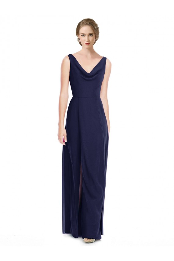 Dunkelmarine A-Linien Haube Ausschnitt Chiffon Lange Brautjungfernkleider Online