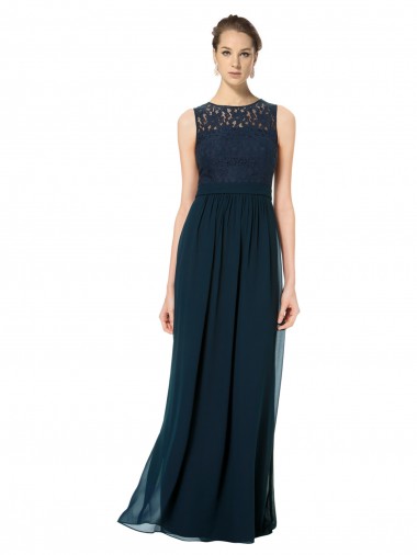 Dunkelmarine A-Linien Illusion Ausschnitt Chiffon Spitze Lange Brautjungfernkleider Online
