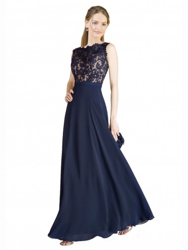 Dunkelmarine A-Linien Illusion Ausschnitt Chiffon Spitze Lange Brautjungfernkleider / Abiballkleider Online