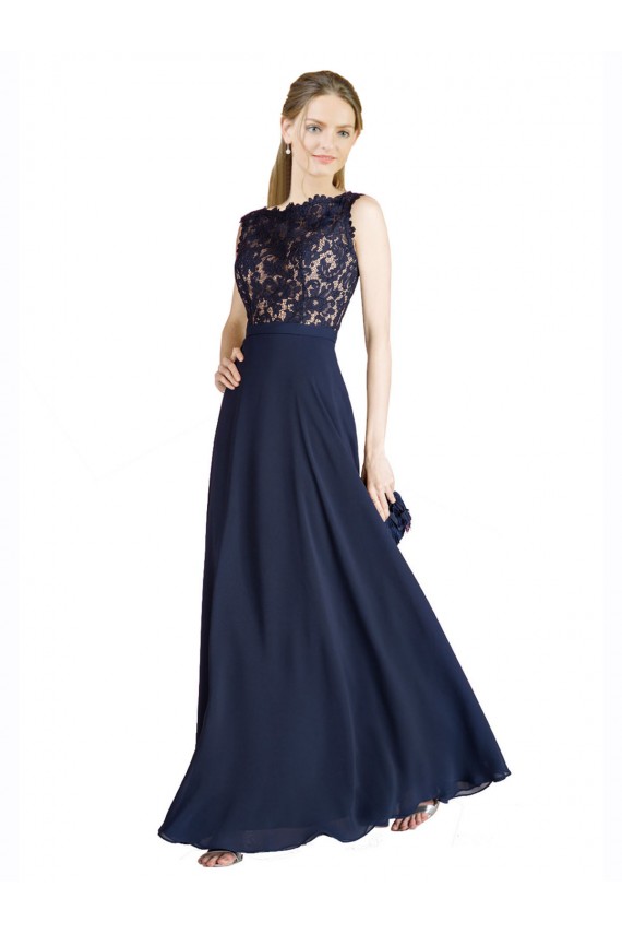 Dunkelmarine A-Linien Illusion Ausschnitt Chiffon Spitze Lange Brautjungfernkleider / Abiballkleider Online