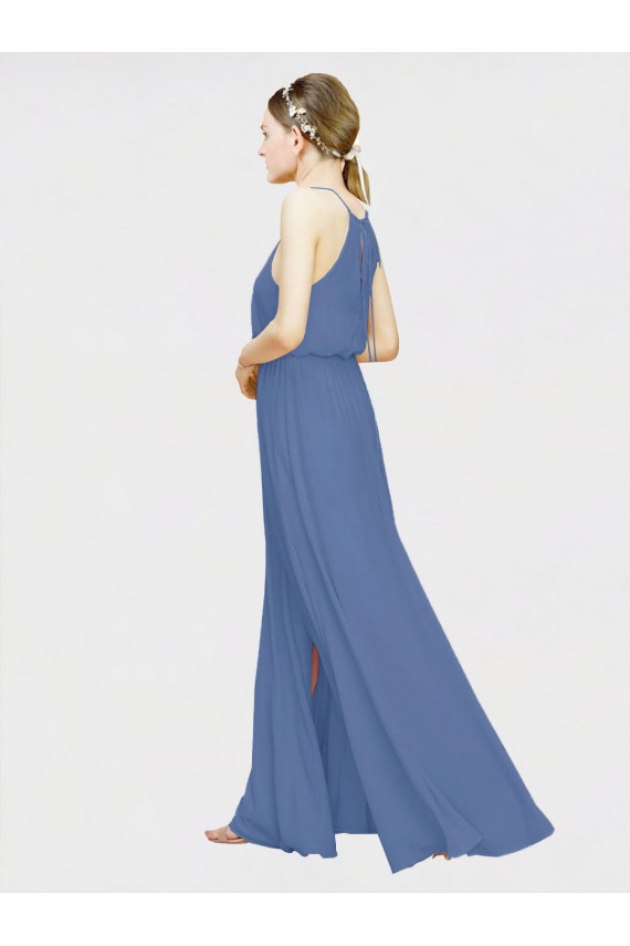 Dunkelmarine A-Linien Neckholder Chiffon Lange Brautjungfernkleider Online