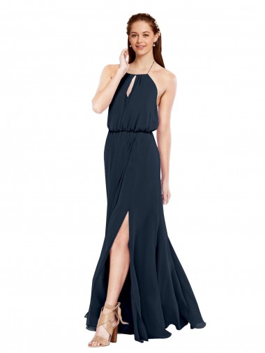Dunkelmarine A-Linien Neckholder Chiffon Lange Brautjungfernkleider Online