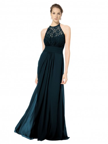 Dunkelmarine A-Linien Neckholder Illusion Ausschnitt Chiffon Spitze Lange Brautjungfernkleider Online