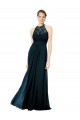 Dunkelmarine A-Linien Neckholder Illusion Ausschnitt Chiffon Spitze Lange Brautjungfernkleider Online
