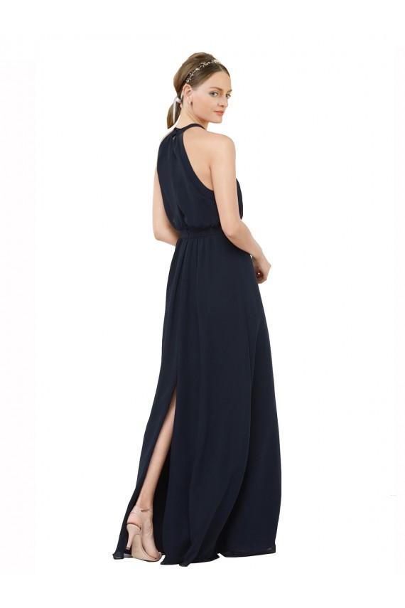 Dunkelmarine A-Linien Neckholder Stehkragen Ausschnitt Chiffon Lange Brautjungfernkleider Online
