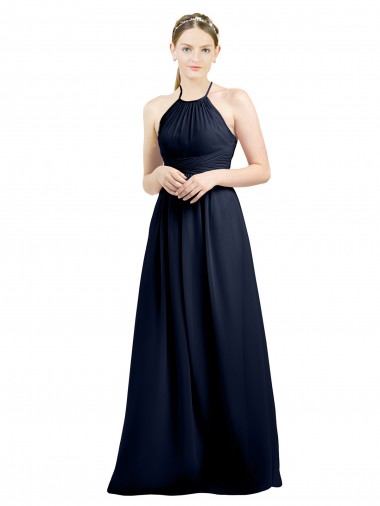 Dunkelmarine A-Linien Neckholder Stehkragen Ausschnitt Chiffon Lange Brautjungfernkleider Online