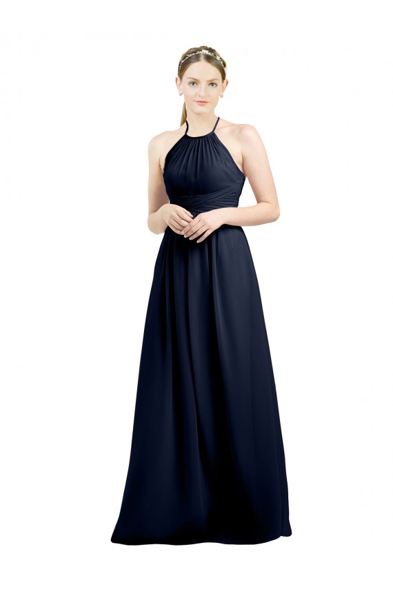 Dunkelmarine A-Linien Neckholder Stehkragen Ausschnitt Chiffon Lange Brautjungfernkleider Online