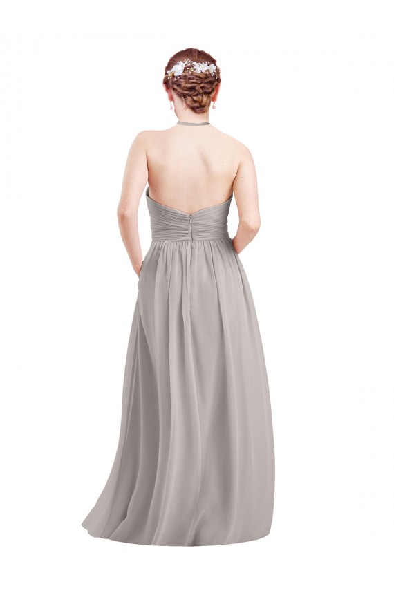 Dunkelmarine A-Linien Neckholder Stehkragen Ausschnitt Chiffon Lange Brautjungfernkleider Online