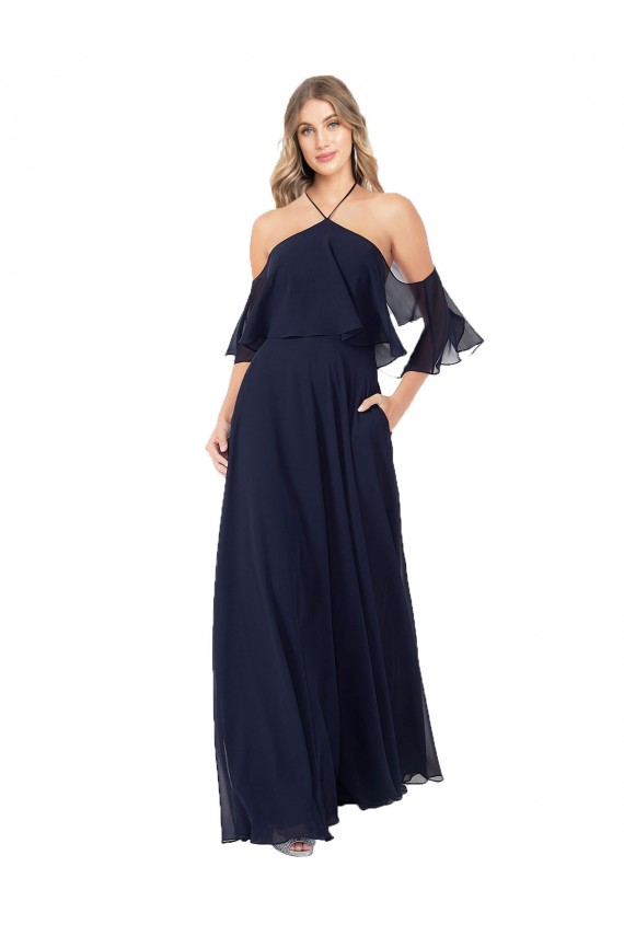 Dunkelmarine A-Linien Neckholder Stehkragen Ausschnitt Chiffon Lange Brautjungfernkleider Online