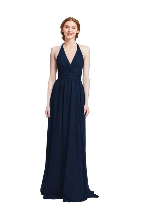 Dunkelmarine A-Linien Neckholder V-Ausschnitt Chiffon Lange Brautjungfernkleider Online