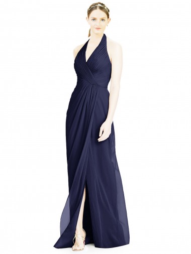 Dunkelmarine A-Linien Neckholder V-Ausschnitt Chiffon Lange Brautjungfernkleider Online