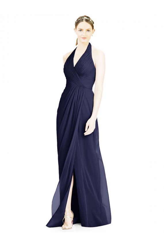 Dunkelmarine A-Linien Neckholder V-Ausschnitt Chiffon Lange Brautjungfernkleider Online