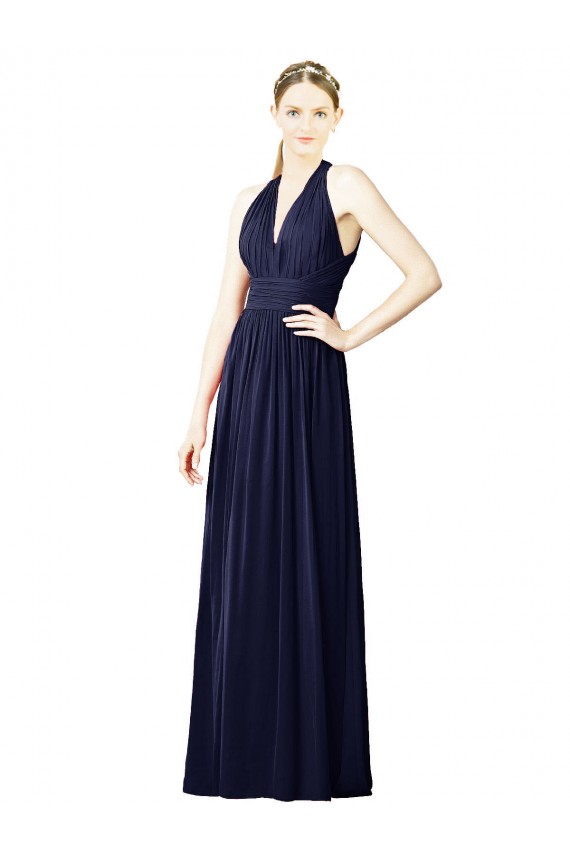 Dunkelmarine A-Linien Neckholder V-Ausschnitt Chiffon Lange Brautjungfernkleider Online