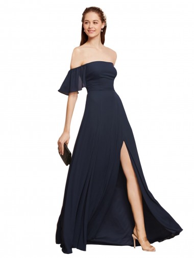 Dunkelmarine A-Linien Off-Schulter Chiffon Lange Brautjungfernkleider / Abiballkleider Online