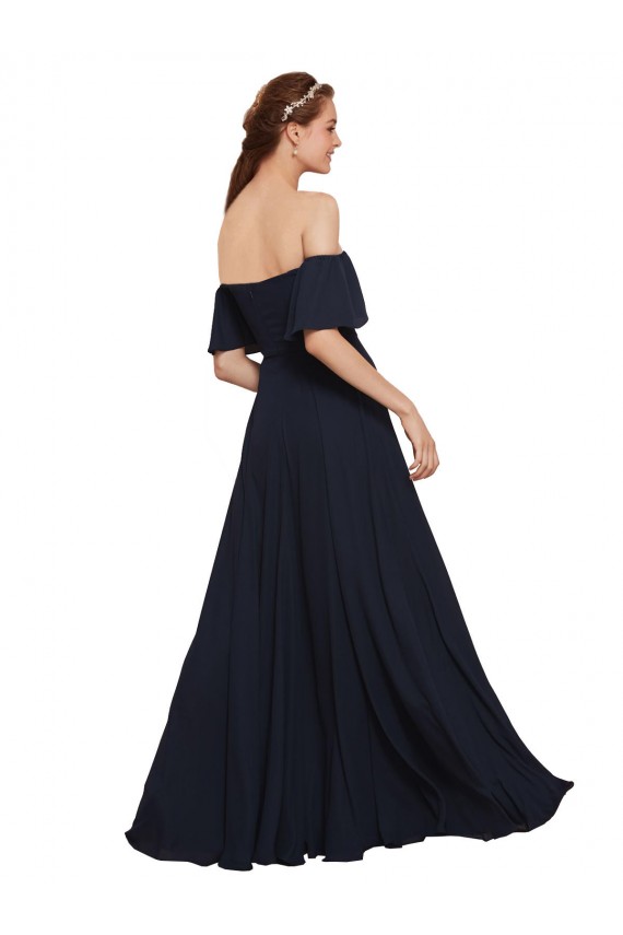 Dunkelmarine A-Linien Off-Schulter Chiffon Lange Brautjungfernkleider / Abiballkleider Online