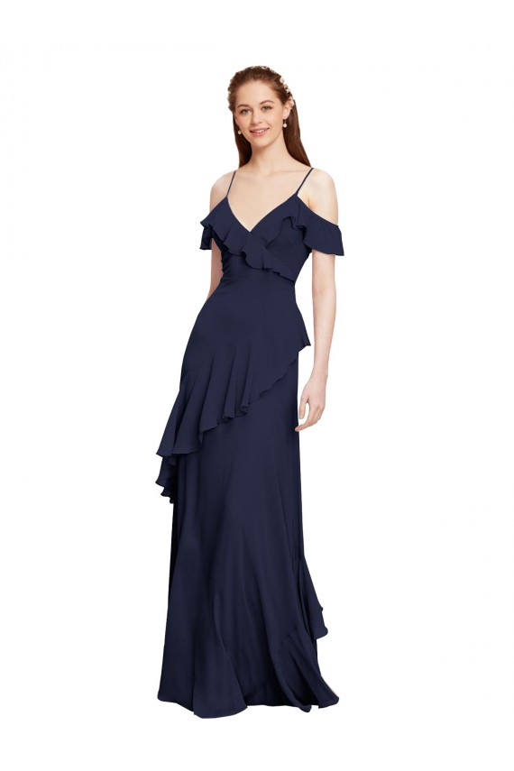 Dunkelmarine A-Linien Off-Schulter Spaghetti-Träger Chiffon Lange Brautjungfernkleider Online
