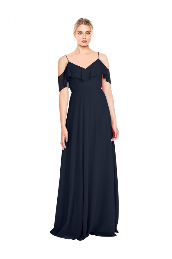 Dunkelmarine A-Linien Off-Schulter Spaghetti-Träger Chiffon Lange Brautjungfernkleider Online