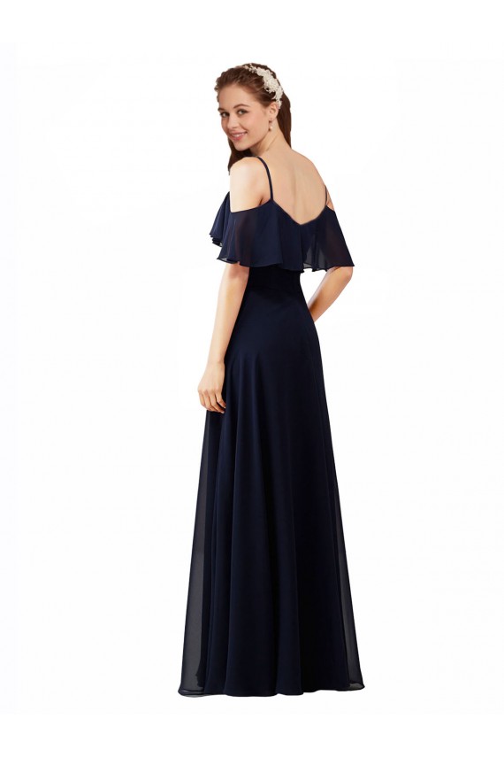 Dunkelmarine A-Linien Off-Schulter V-Ausschnitt Chiffon Lange Brautjungfernkleider Online