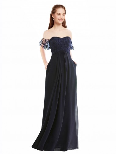 Dunkelmarine A-Linien Off-Schulter V-Ausschnitt Chiffon Spitze Lange Brautjungfernkleider Online